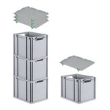 thumbnail of PROREGAL SuperSparSet 4x Eurobox NextGen Grip mit Auflagedeckel & 4 grünen Verschlüssen, HxBxT 32x30x40cm, 30L, Grau, Griffe offen, Eurobehälter