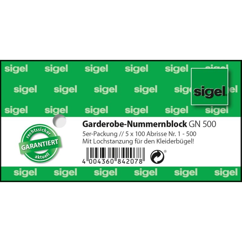 sigel Nummernblock 'Garderobe', 1-500, (B)105 x (H)50 mm