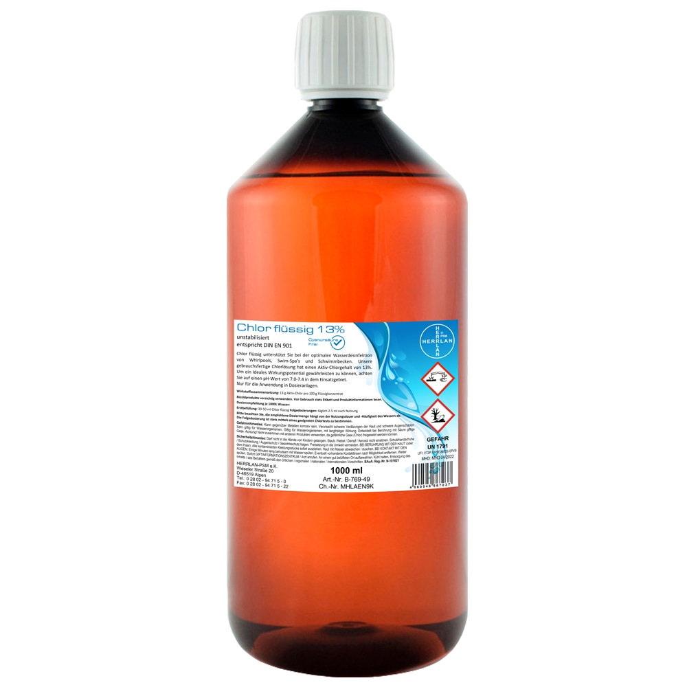 Chlor flüssig 1000 ml (1,2 Kg) unstabilisiert mit 13% Aktivchlorgehalt Hochwirksame Wasserdesinfektion für Pools, Whirlpools und SwimSpa's
