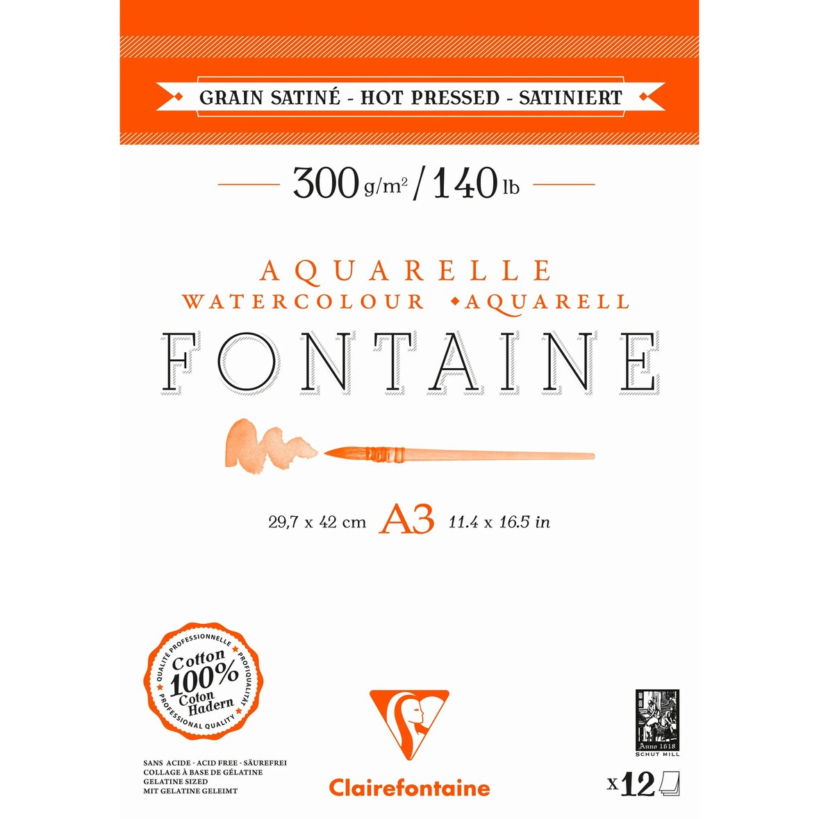 Clairefontaine 5x Fontaine, Aquarellblock 2-seitig geleimt, satinierte Körnung, A3, 12 Blatt 300g weiß - 975951C