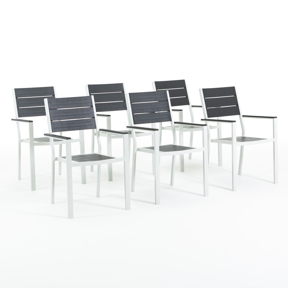 Set de 6 chaises d'extérieur, jardin, empilables avec accoudoirs, structure en acier peint et assise en polyéthylène à lames effet bois -Adele-Ardoise