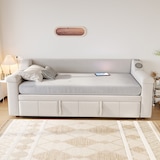 thumbnail of Schlafsofa 90/180x190 ausziehbar mit Bluetooth-Stereo, USB-Anschluss, Stauraum, hydraulisch, Samtpolster, komfortables Wohnzimmer Beige ohne Matratze