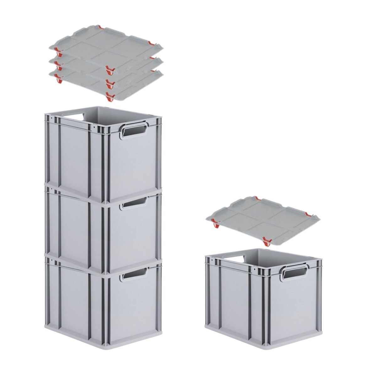 PROREGAL SuperSparSet 4x Eurobox NextGen Economy mit Auflagedeckel & 4x Verschlüsse Rot, Griffe offen, HxBxT 32x30x40cm, 30L, Eurobehälter, Box