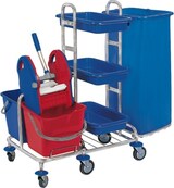 thumbnail of CleanSV® Reinigungswagen SpMin3 chrom  mit Müllsackhalter, 3 Ablagen PE, Presse, 2 x 20 Liter Eimer, 6 Räder, Gr. 103 x 680 x 106 cm