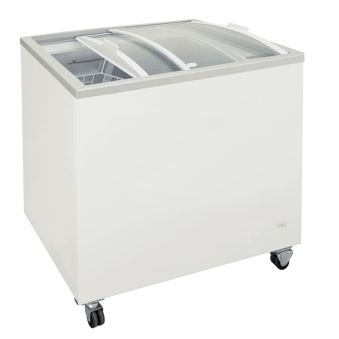 Congelatore a pozzetto con vetro curvo scorrevole. Interno in alluminio martellato. Spessore isolamento 60 mm. Temperatura -13°C/-23°C. FR200PAC