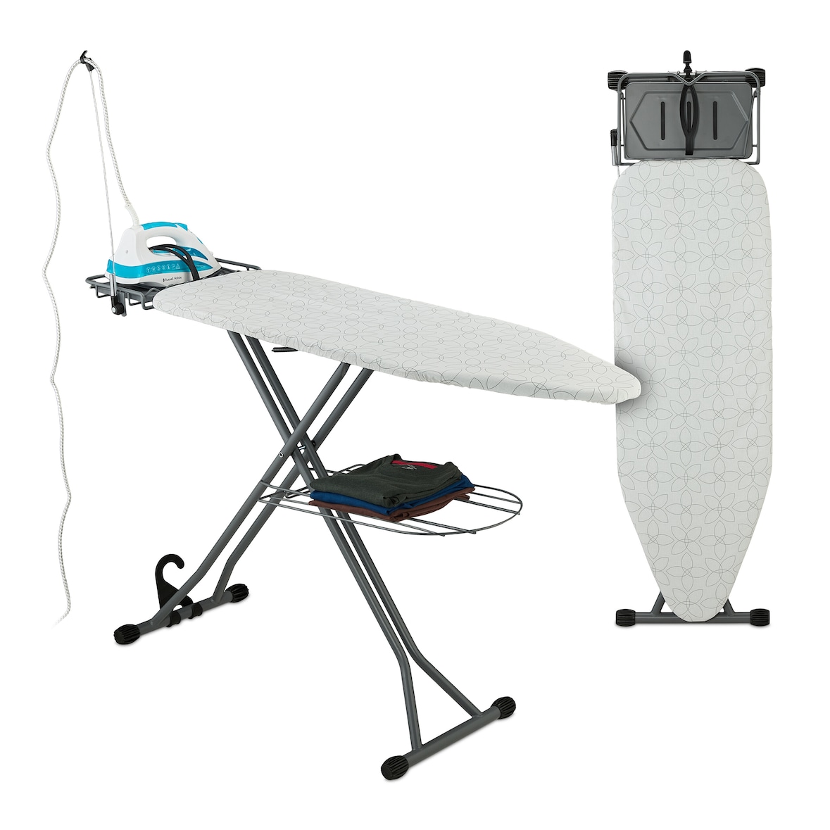 Relaxdays Bügelbrett für Dampfbügeleisen, 115 x 39 cm, höhenverstellbar, klappbar, Bügelstation & Ablage, weiß/silber