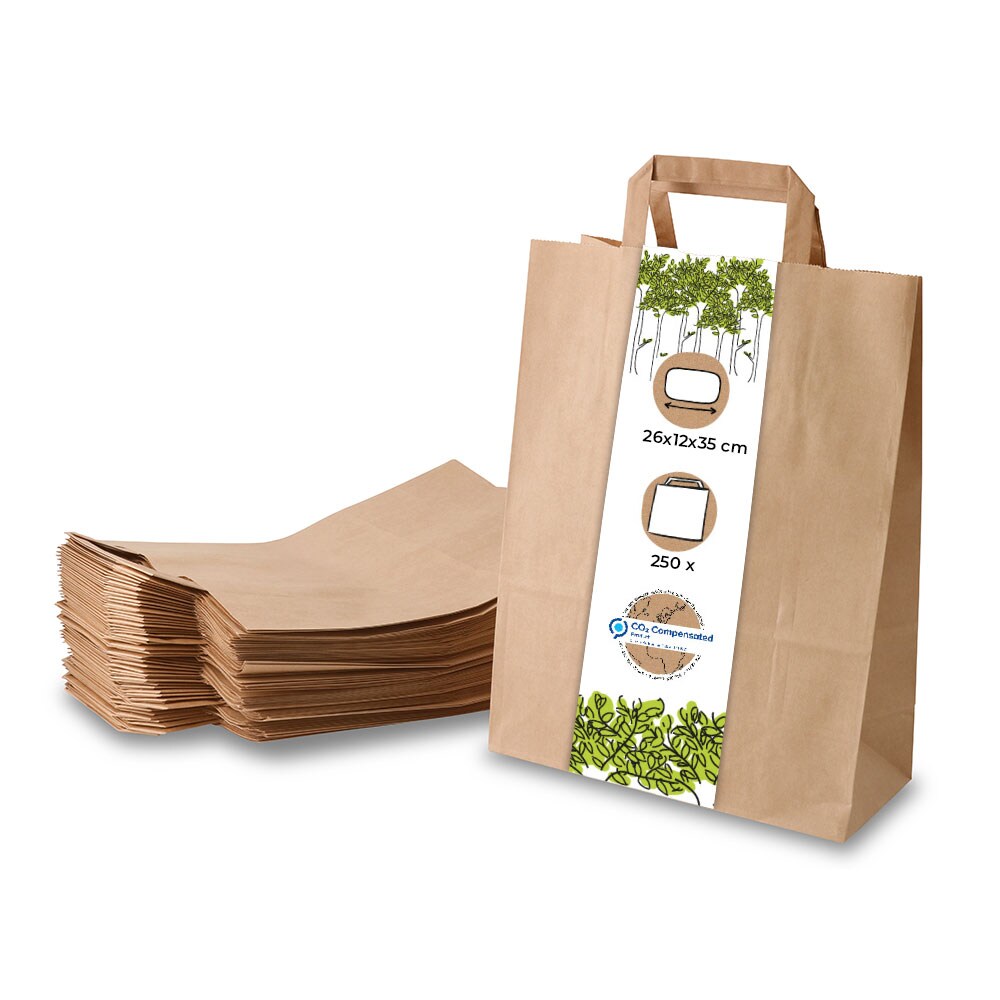 BIOZOYG 250 Stück Tragetasche L 26 x 12 x 35cm Papiertüte reißfest braun kompostierbar Einkaufstasche Papiertasche Einkaufstüte umweltfreundlich