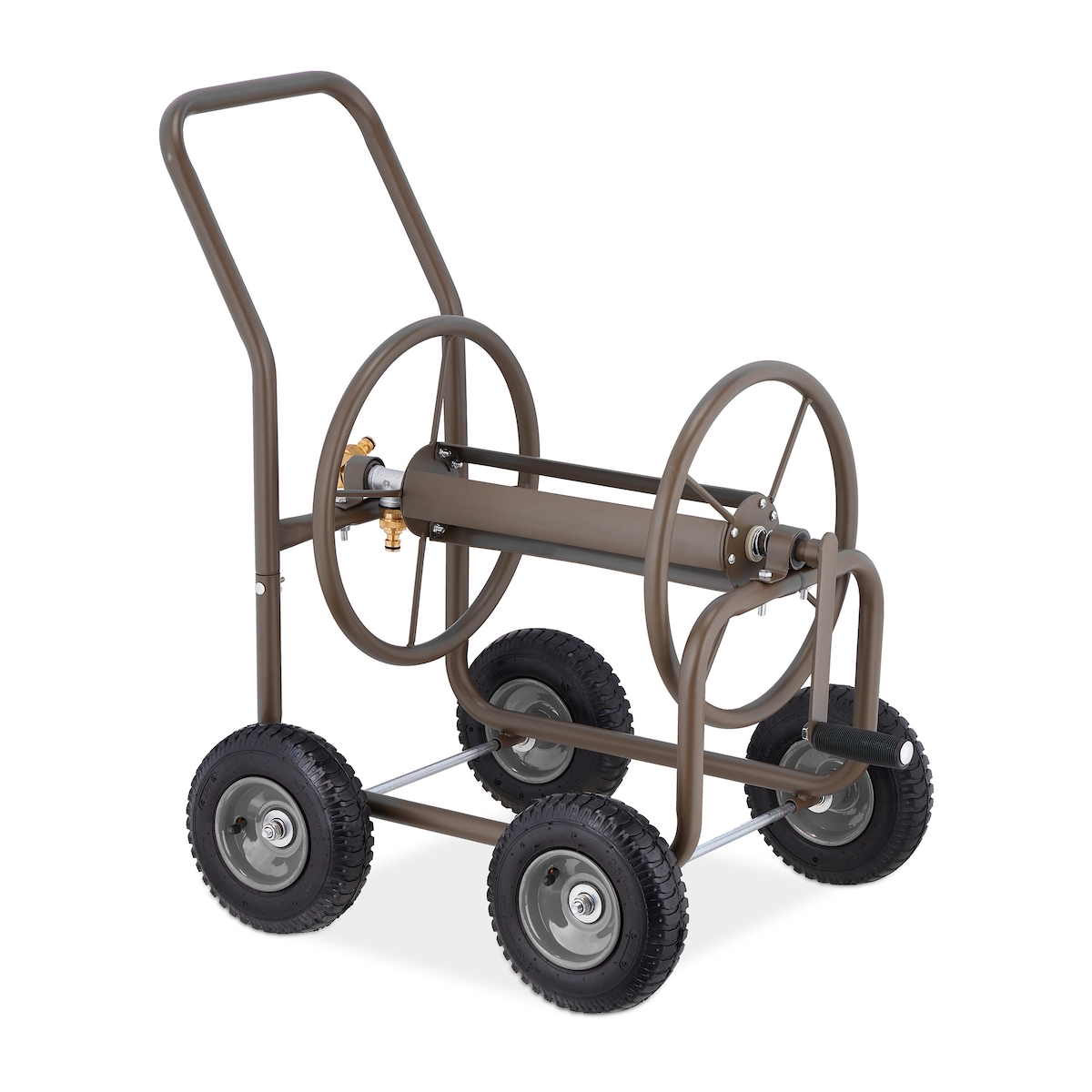 Relaxdays Schlauchwagen, bis 60 m Schlauch, 4 Lufträder, Klickkupplung, Schlauchtrommel Metall, Schlauchabroller, braun