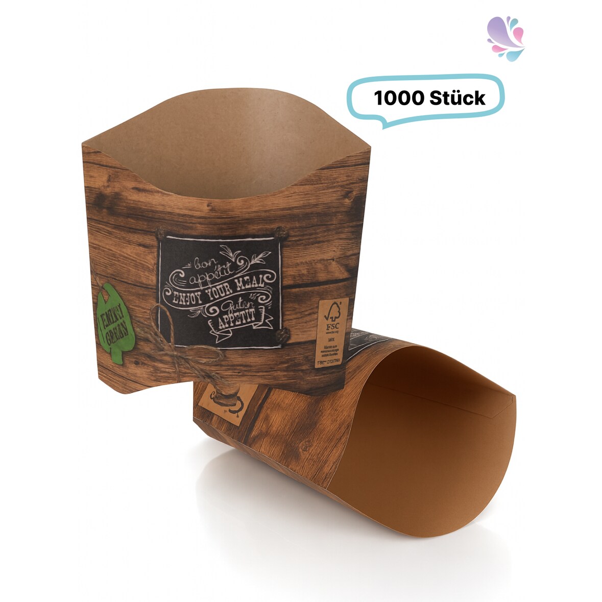 Pommes-Schütte 85 ml 1.000 Stk, to go, take away, kompostierbar, rustikales Holzmotiv, fett- und feuchtigkeitsabweisend