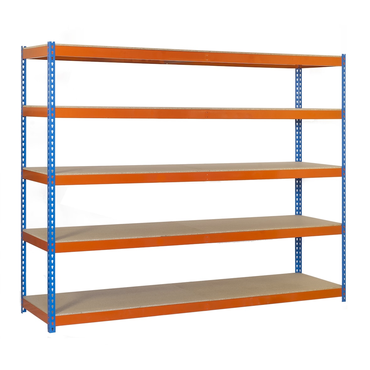 SimonRack Industrieregal, 3000x1500x600 mm, 400 kg am Biegepunkt, 5 Holzböden, Garagenregal, Blau/Orange/Holz- Ecoforte