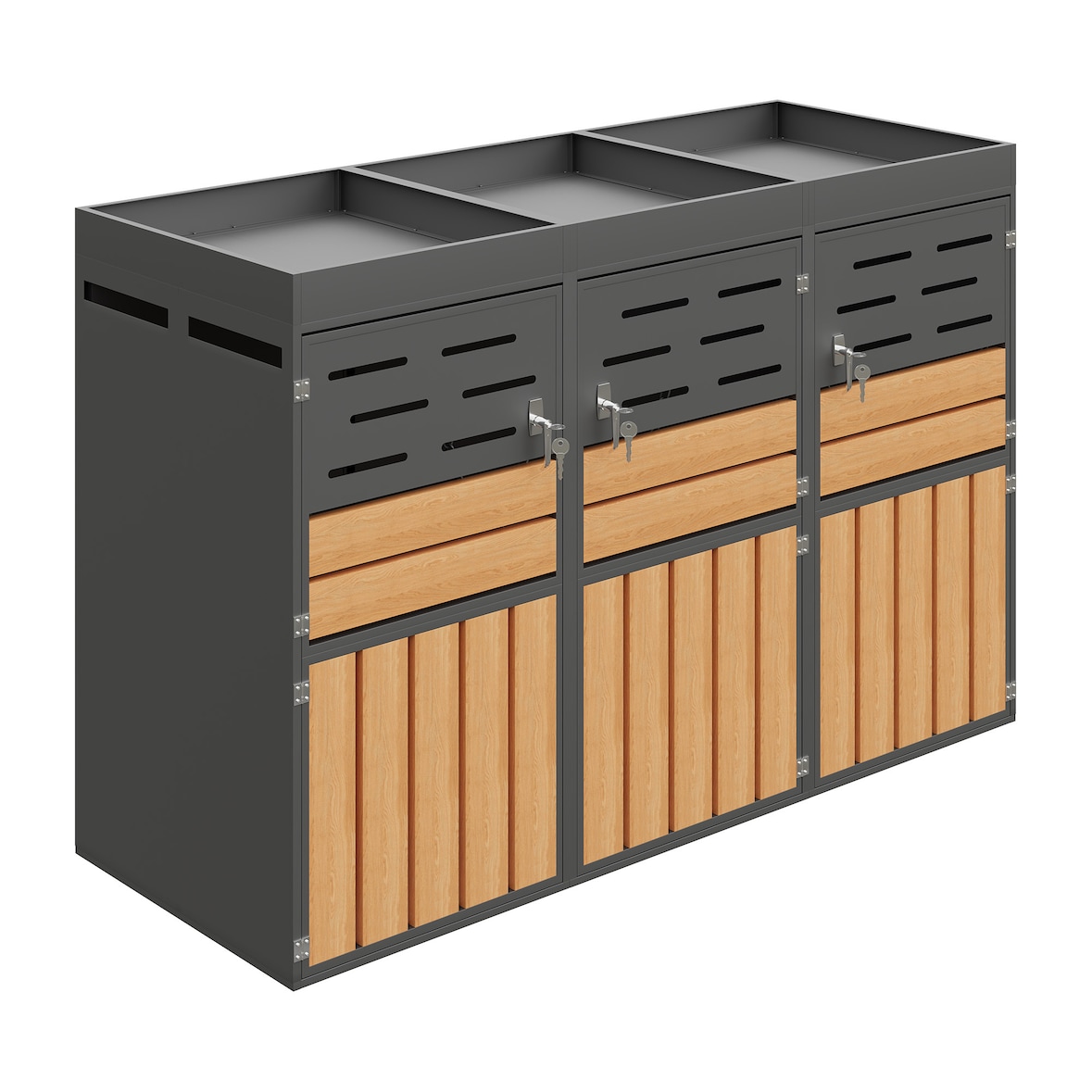 Merax Outdoor Mülltonnenbox für 3×240L Mülltonnen, 199×80×128 cm, 3-türige Mülltonnenverkleidung mit Pflanzkasten, Grau