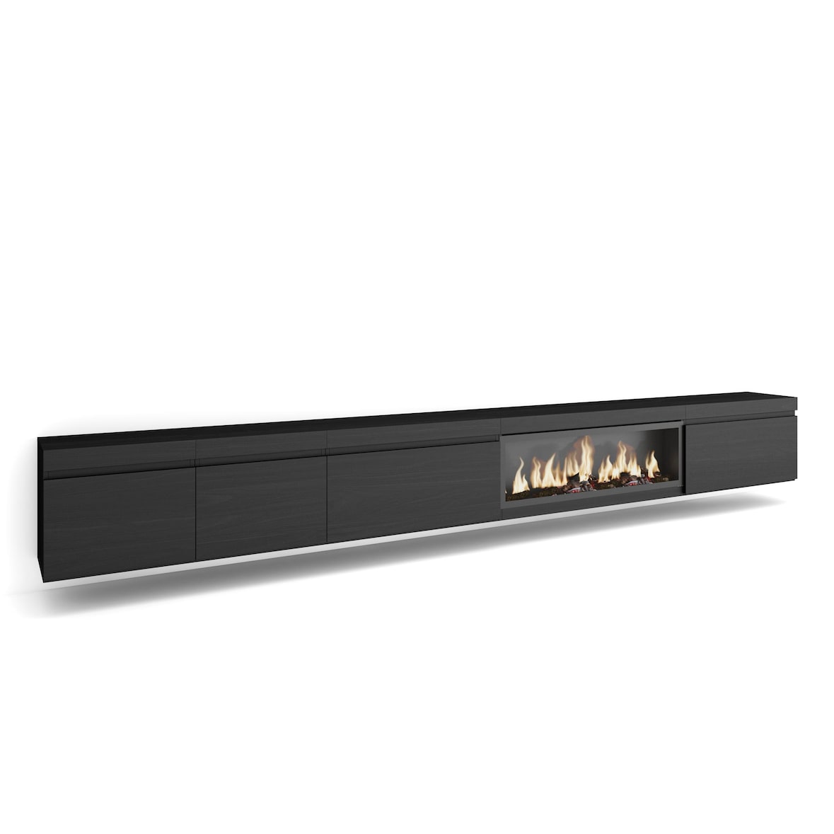 Mobile TV Soggiorno, Ampio spazio a disposizione, 368x35x45cm, Camino elettrico XXL, Sospeso, da appendere, Stile moderno, Nero _ 514_1487