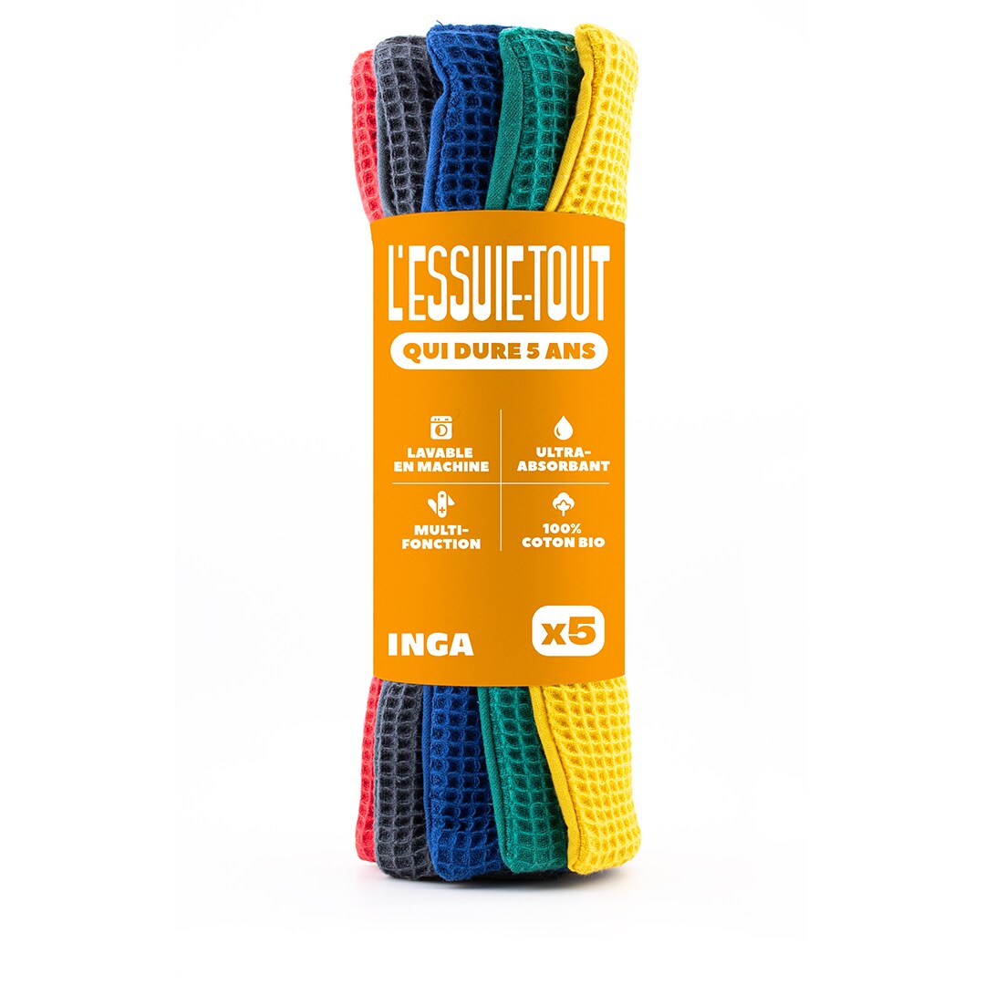 Pack 5 essuie-tout lavables de 5 couleurs
