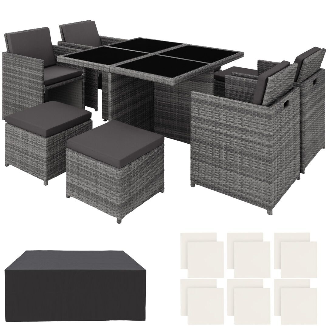 tectake Salon de jardin MANHATTAN 8 places avec 2 sets de housses + housse de protection, variante 2 - gris - 403846