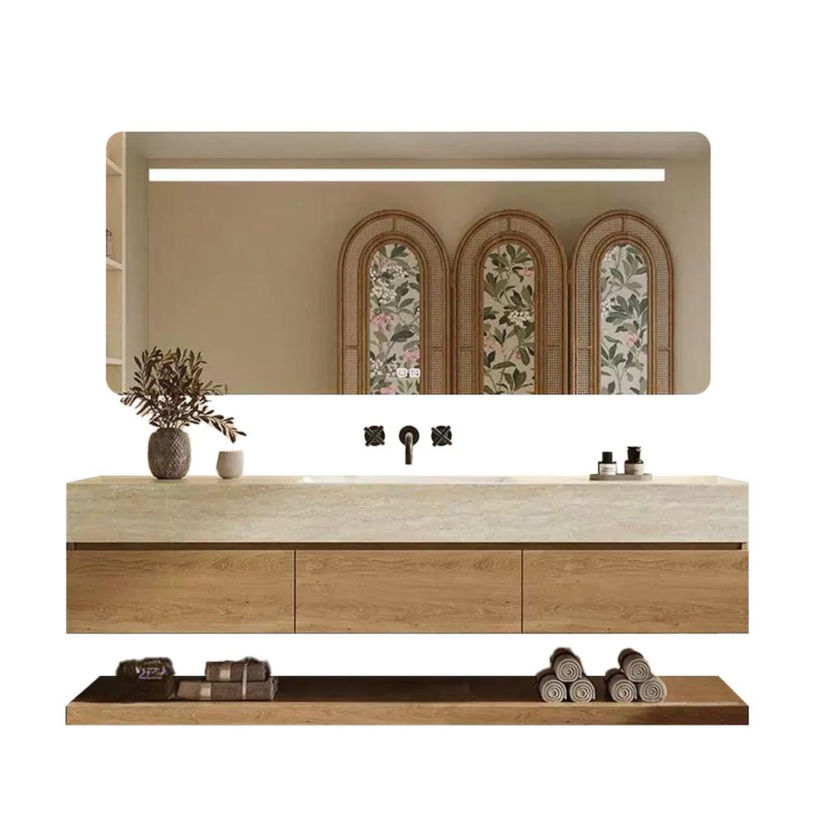 Wandhängendes Badmöbel-Set Travertin-Look mit Sinterstein Waschbecken Spiegel Unterschrank Ablage mit Armaturloch 120×55 cm【RW9865-120 BKK】