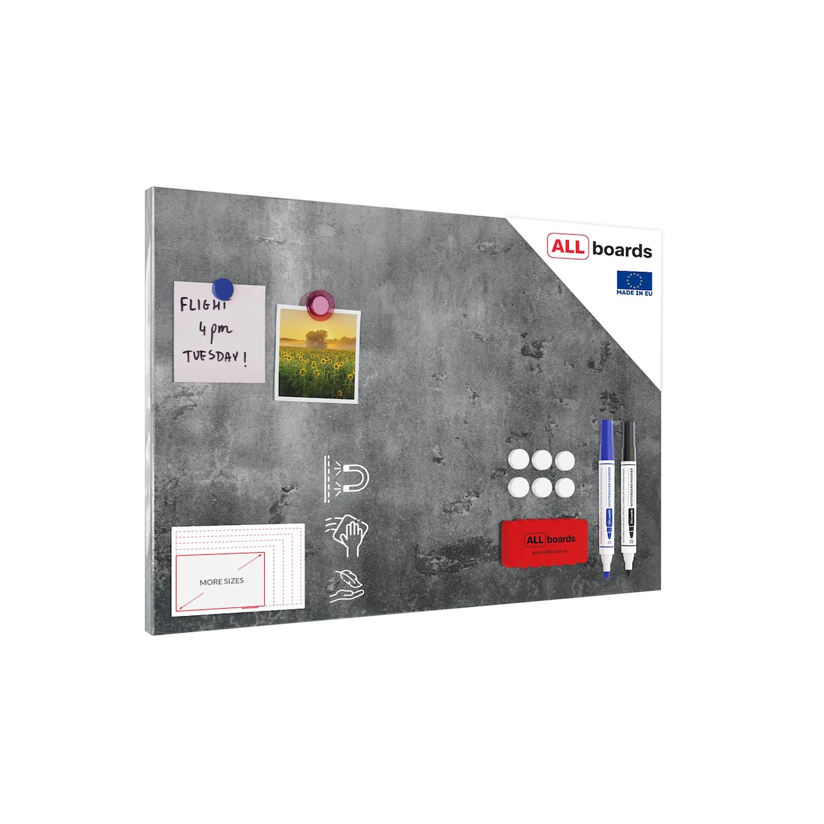 ALLboards Metallische Magnettafel BETONMAUER ZEMENTMAUER 60x40cm Memoboard für jede Art von Magneten Magnetpinnwand + 4 Marker, 10 Magnete