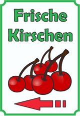 thumbnail of Frische Kirschen Schild Hochkant mit Pfeil links A6 Rückseite selbstklebend