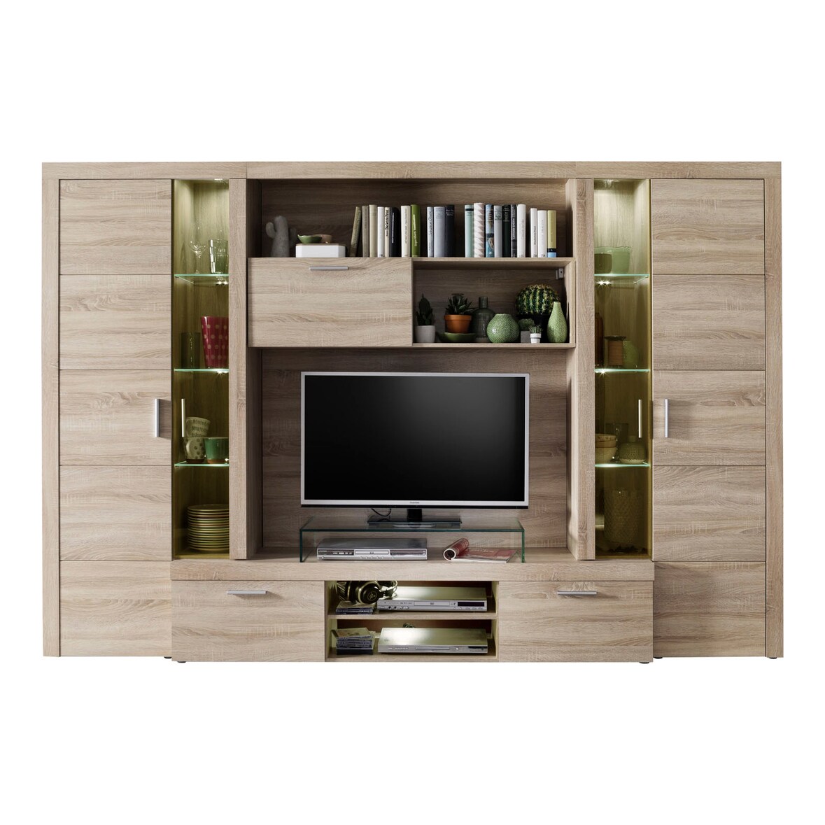 Molar Regal Aufstellung 4 Türen, 5 Ablagen und 3 Klapptüren, inkl. Licht, Eiche Dekor.