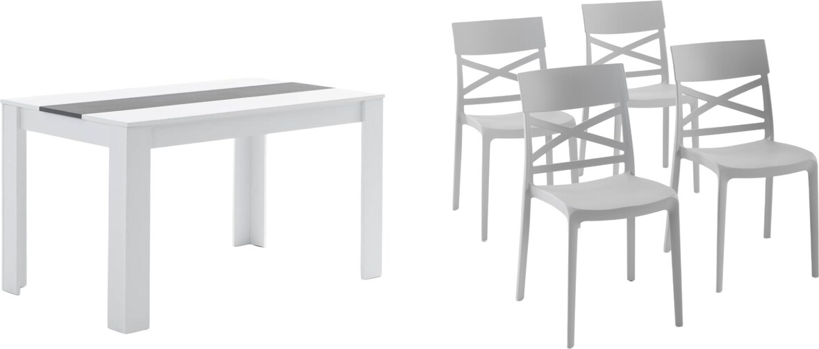 Essgruppe 135x80 cm mit Holzplatte und 6 stapelbaren Stühlen, modernes Set für Zuhause – Ulisse+Martina Grau/Weiß/Schwarz