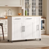 thumbnail of Kücheninsel 120x40x90 cm mit ausziehbarem 3-stufigem Organizer, klappbarer Arbeitsfläche, Rollen und Handtuchhalter, Weiß und Natur, MDF