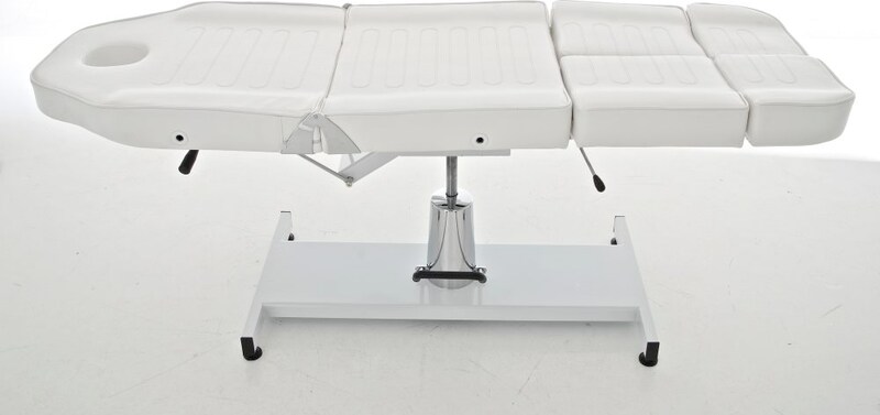 Ein weißer Massagetisch mit verstellbarem Gestell.