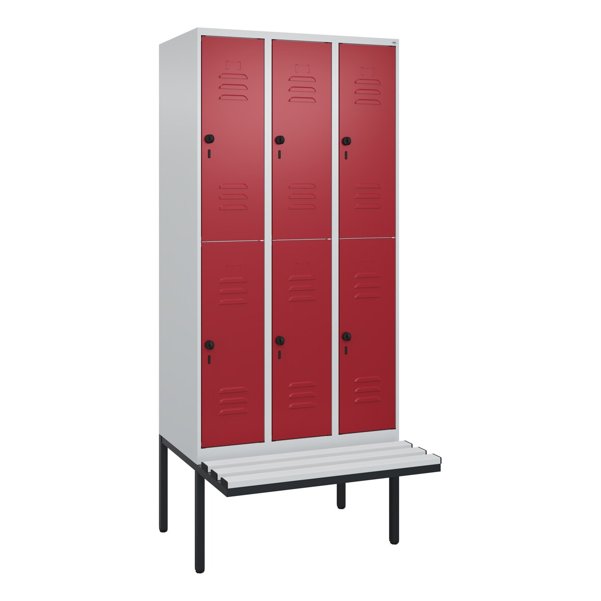 C+P Spind Classic PLUS, Kunststoff schwebende Sitzbank, 6 Abteile, HxBxT 212x90x82cm, Sicherheitsdrehriegel, Hellgrau/Rubinrot von PROREGAL