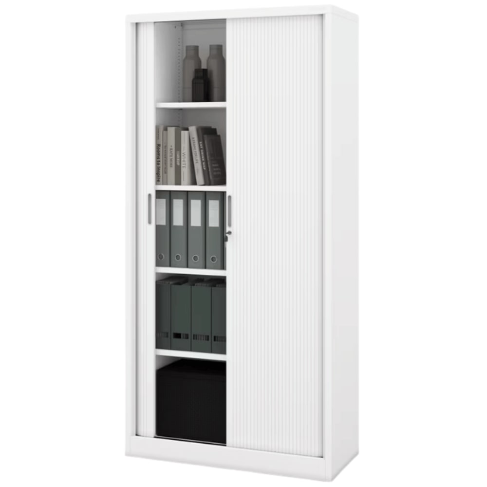 Aktenschrank abschließbar KETI - Rolladentüren, 5 Ebenen | Büroschrank aus Stahl Metallschrank Werkstatt Werkzeugschrank, 185x90x45cm Weiß