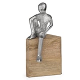 thumbnail of Moderne Dekofigur aus Aluminium auf Mangoholzsockel 9 x 8 x 17,5 cm - sitzende Figur mit herabhängendem Bein - stilvolle Skulptur im Industrie-Design