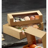 thumbnail of 25 Sushi-Schalen, Pappe eckig 4,5 cm x 19,5 cm x 14 cm braun