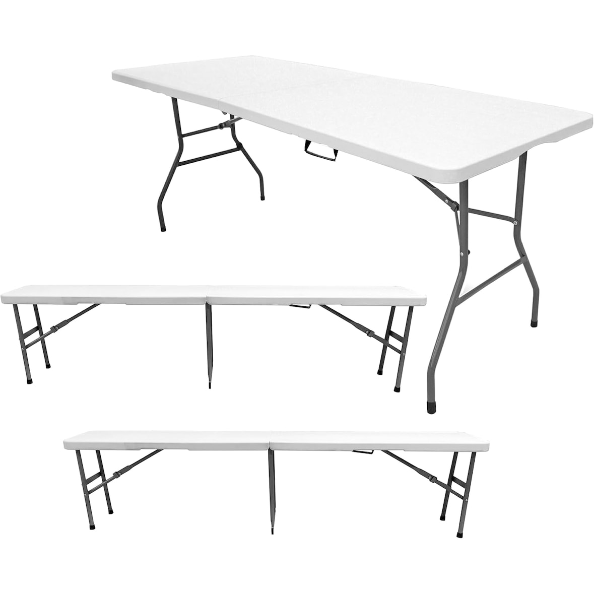 Pack Mesa Plegable con 2 Bancos Solid 180cm portátiles | Normativa Uso público | 6/8 Personas | Carga 150 kg Mesa y 300 kg por Banco The HomeWeeks