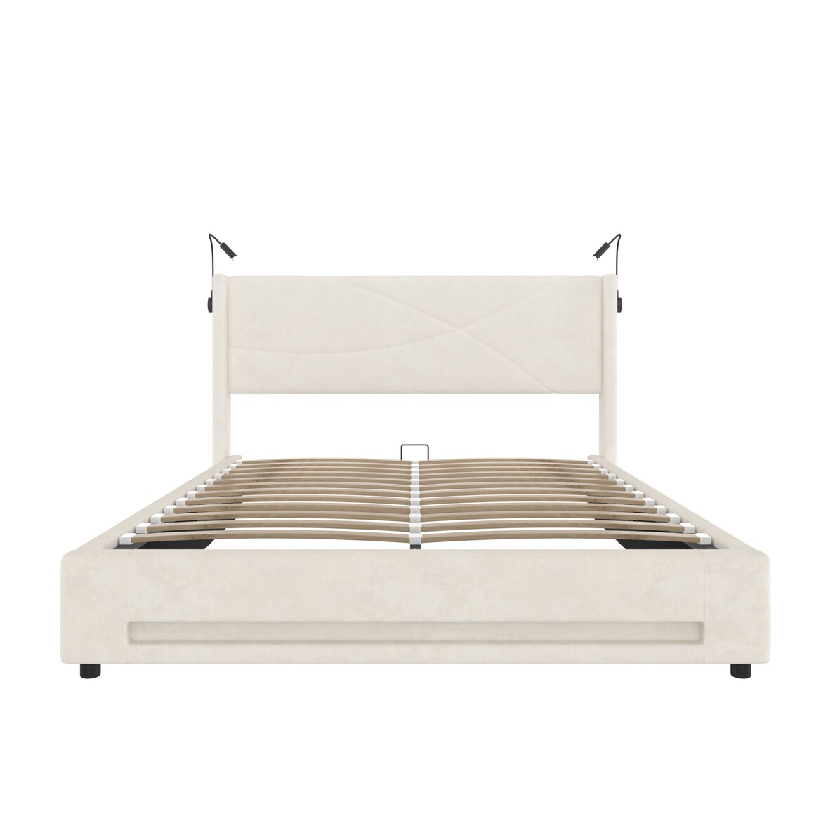 Merax Doppelbett 140 x 200cm Polsterbett, Gepolsterter Bettrahmen mit 2 Leselichtern, LED-Lichtleisten, hydraulischem Stauraum, USB-Anschlüssen, Beige