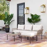 thumbnail of Outsunny conjunto de jardín exterior de ratán sintético de 5 piezas incluye 2 sofás esquineras 1 sofá de exterior 1 taburete 1 mesa de centro crema