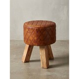 thumbnail of Sitzhocker Echtleder / Massivholz 35x46x35 cm Modern Fußhocker Rund, Turnbock Lederhocker Braun, Kleiner Hocker Gepolstert, Holzhocker mit