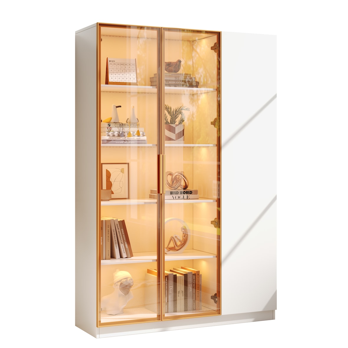 Merax LED Vitrinenschrank 110×35×165 cm, Glasvitrine mit gehärteten Glastüren, Bücherregal & Aufbewahrungsschrank, Weinschrank mit Beleuchtung, weiß