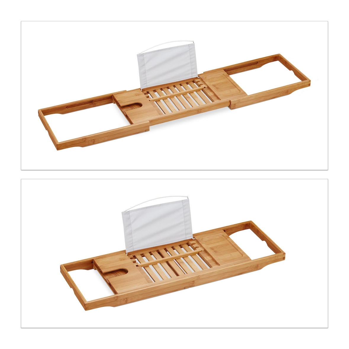 Relaxdays XL Badewannenablage, mit Buchstütze & für Tablet, Luxus Badewannenbrett, Bambus, ausziehbar 70-105 cm, natur