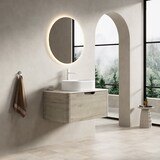 thumbnail of Badezimmer-Waschtisch 50×80×46 cm mit ovalem Waschbecken aus Keramik und Travertin-Sintersteinplatte, Eiche Beige+Off White+Weiß