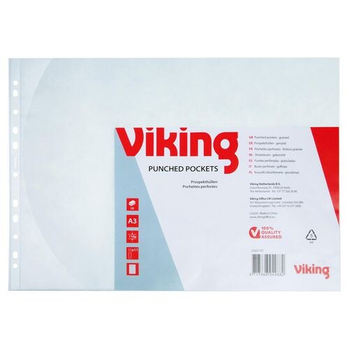 Viking Premium Prospekthüllen DIN A3 quer Genarbt Transparent 110 Mikron PP (Polypropylen) Öffnung oben 11 Löcher 10 Stück