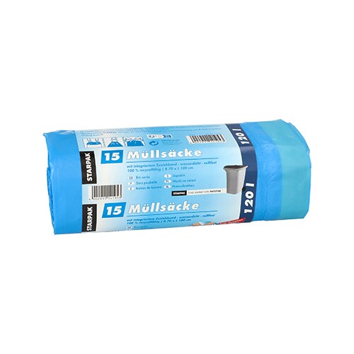 Papstar Müllsäcke zum Zuziehen, LDPE 120 l 100 cm x 70 cm blau, 9 x 15 Stück