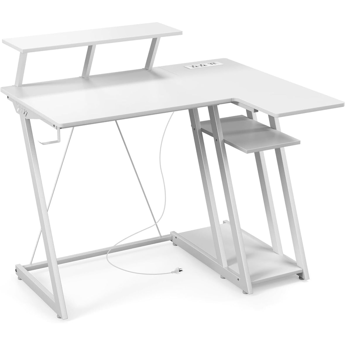 COSTWAY Mesa com Tomadas e Portas USB, Pequena Mesa de Computador com Suporte para Monitor, Gancho para Fones, Compartimento de Armazenamento