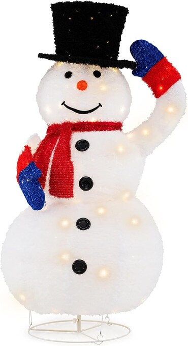 COSTWAY Pupazzo di neve luminoso a LED, grande figura natalizia da 130 cm con cappello e sciarpa neri, decorazione natalizia