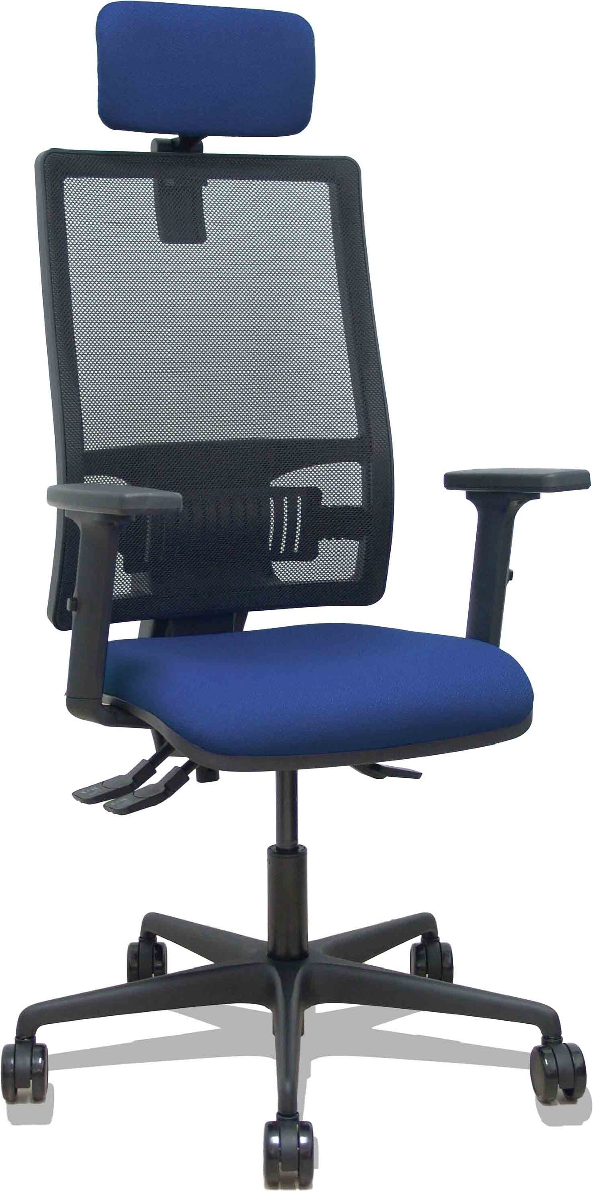 Silla Bormate asincro malla negra asiento bali azul marino brazos 2D ruedas 65mm cabecero regulable