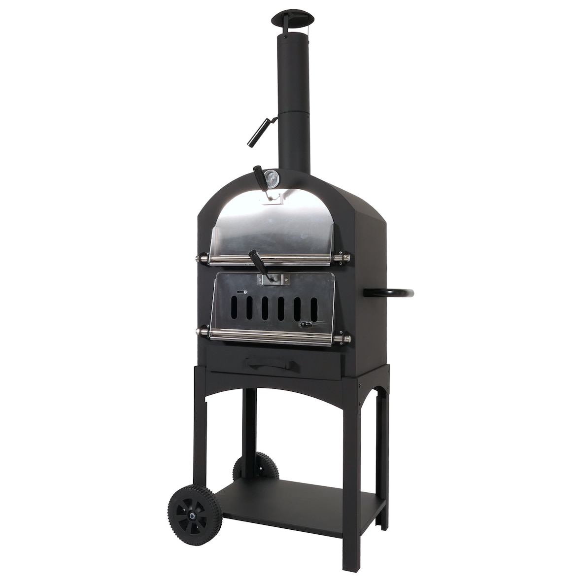 Forno per pizza da giardino doppia griglia pietra refrattaria con ruote HWC-N15 166x70x48cm acciaio nero