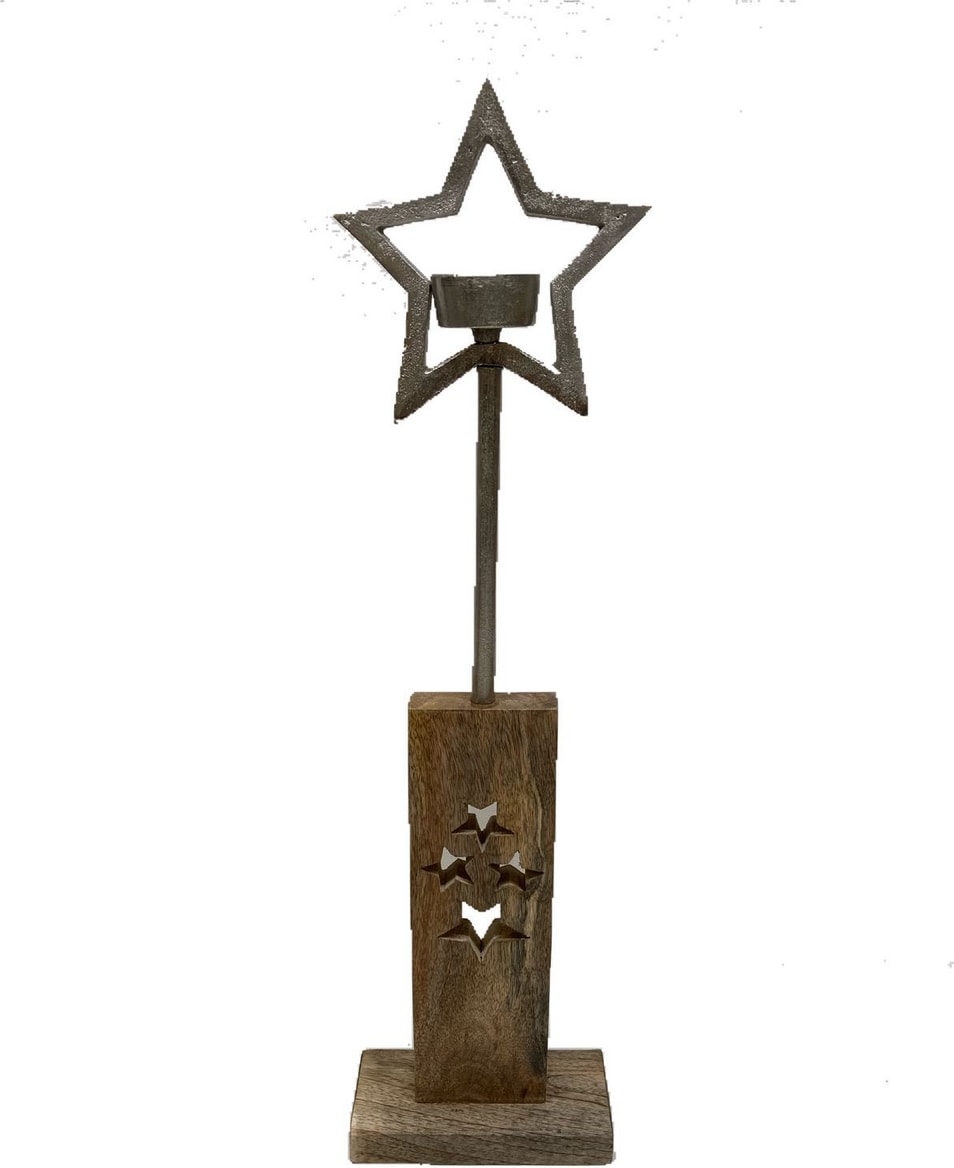 Tarrington House Stern-Teelichthalter, Aluminium/Holz, 16 x 7 x 57 cm, mit hochrechteckigem Sockel, silber