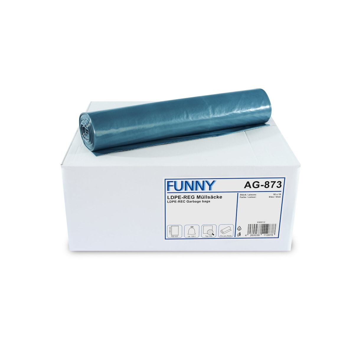Funny Müllsäcke, blau, 120 Liter, 150 Stück, LDPE-Reg. Typ 100 (10 Rollen á 15 Stück)