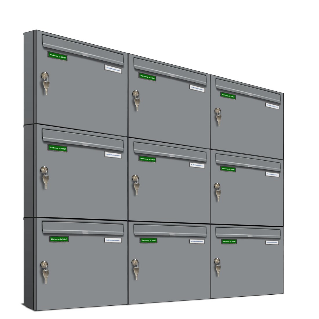 AL Briefkastensysteme 9 x Basic Wand Briefkasten RAL Farbe 9006 Weiss Aluminium für Post A4, wetterfest, Artikelnummer: 431P9EA3P9006