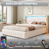 thumbnail of Polsterbett mit LED-Beleuchtung, hydraulischem Stauraum, Samtstoff, robustes Design, 140x200 cm, Beige, elegantes Kopfteil, stabiler Rahmen