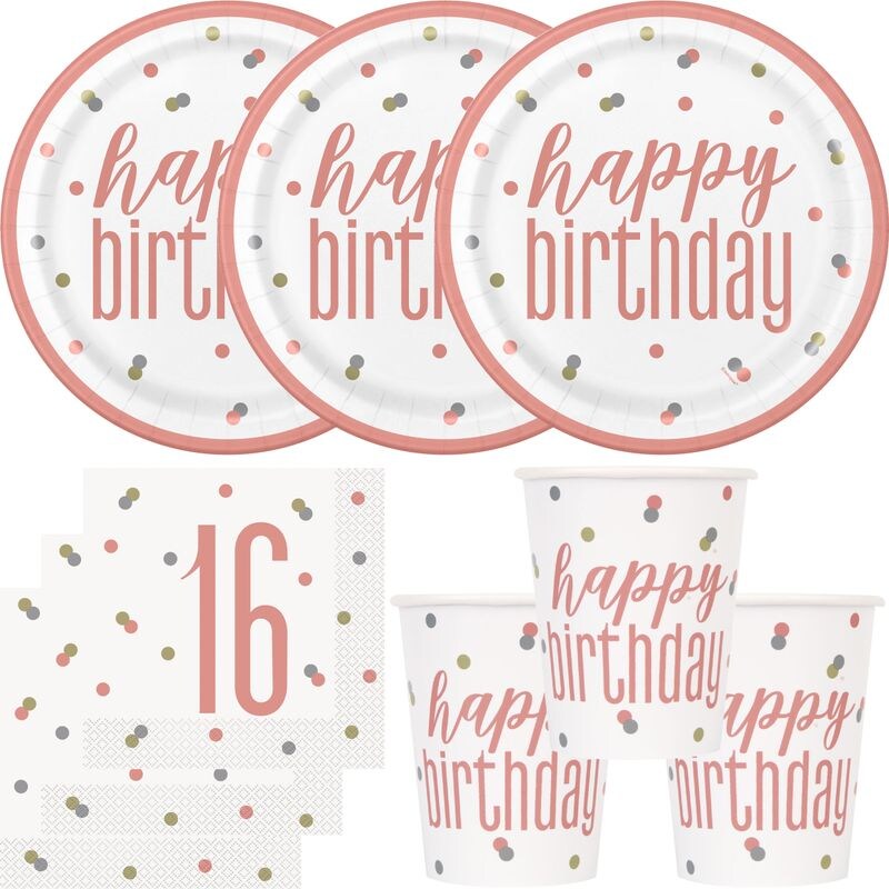 16. Geburtstag Partyset Einweggeschirr roségold 48 tlg. Partygeschirr Teller Becher Servietten