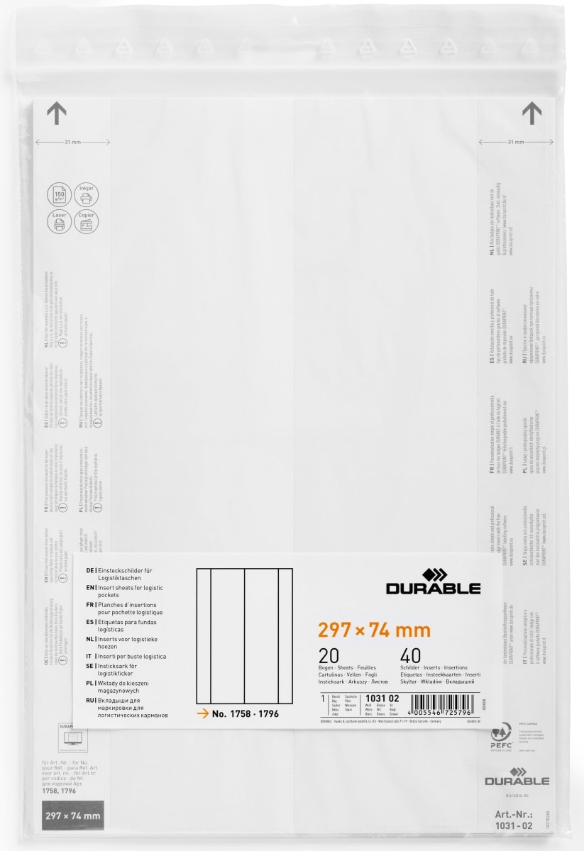 Einsteckschild für Logistiktasche 297x74mm weiß Beutel VE=10x40 Stück