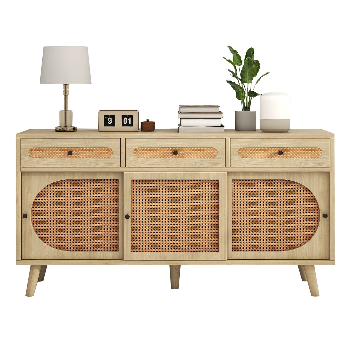 Merax Sideboard Landhausstil mit Schublade und 6 Fächer, Kommode mit Rattangeflecht, Anrichte, TV-Board, B:140cm
