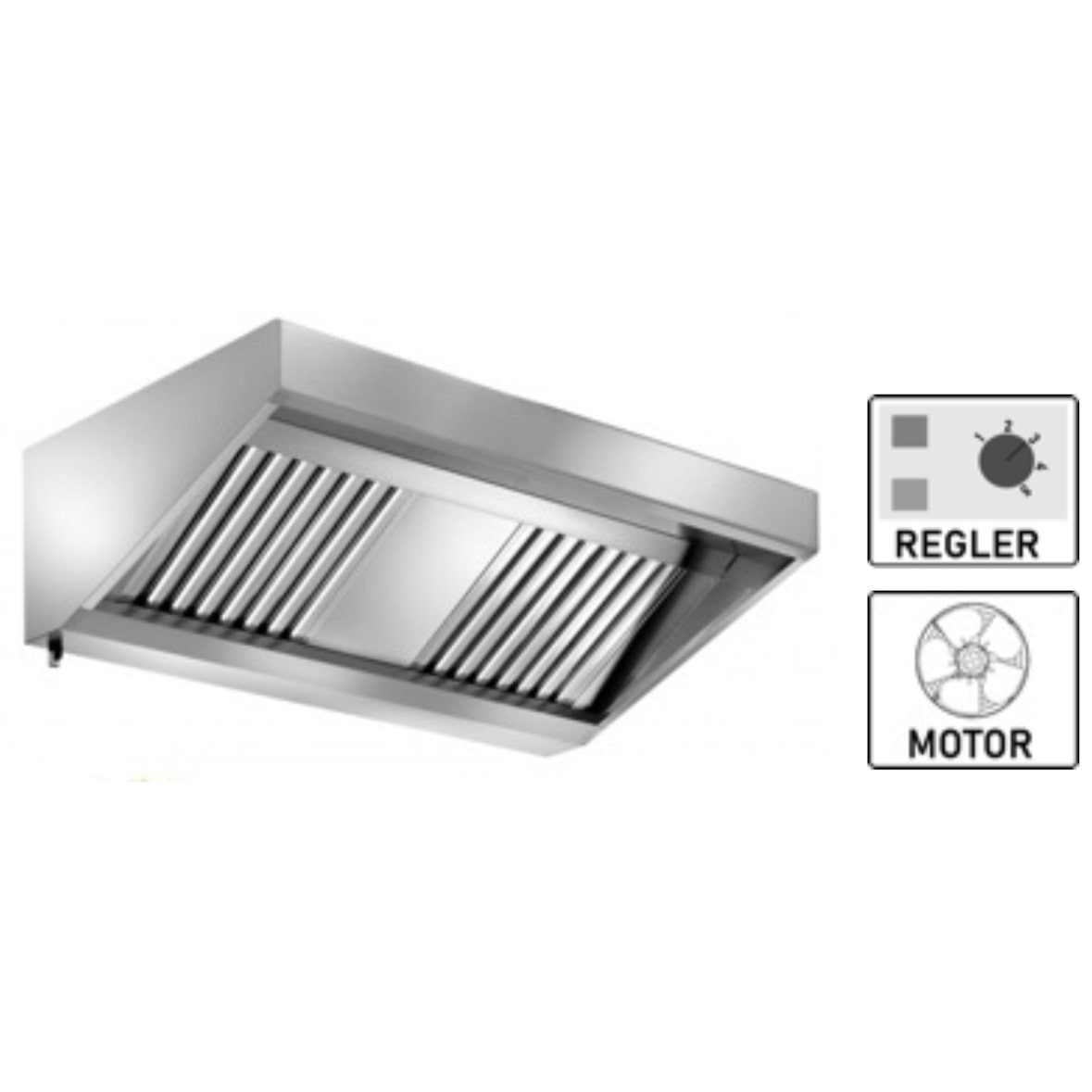 Wandhaube Edelstahlnklusive eingebautem Ventilator (230 V) mit externem Regler, umlaufende Fettauffangrinne,  herausnehmbare Flammschutzfilter Typ-B,